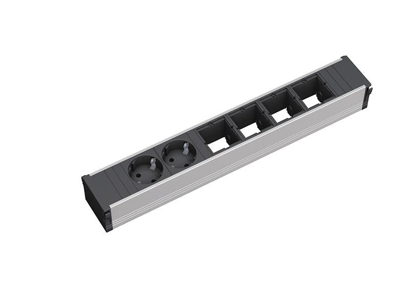 Bachmann CONI Steckdosenleiste – 2×Schuko + 4×leere Module, Kindersicherung, Aluminium
