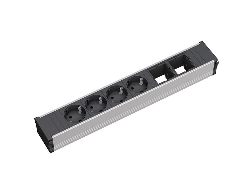 Bachmann Steckdosenleiste, 4×T13, Kindersicherung, Aluminiumgehäuse, 356 mm – schwarz/silber