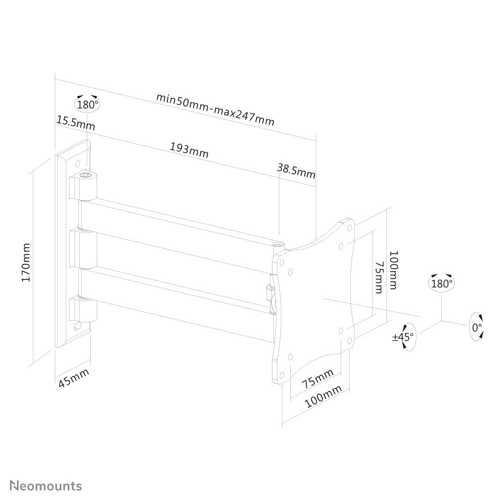 Neomounts Monitor-Wandhalterung – 1 Monitor – 10–27" – VESA 75×75/100×100 mm – bis 15 kg/Monitor – Schwarz