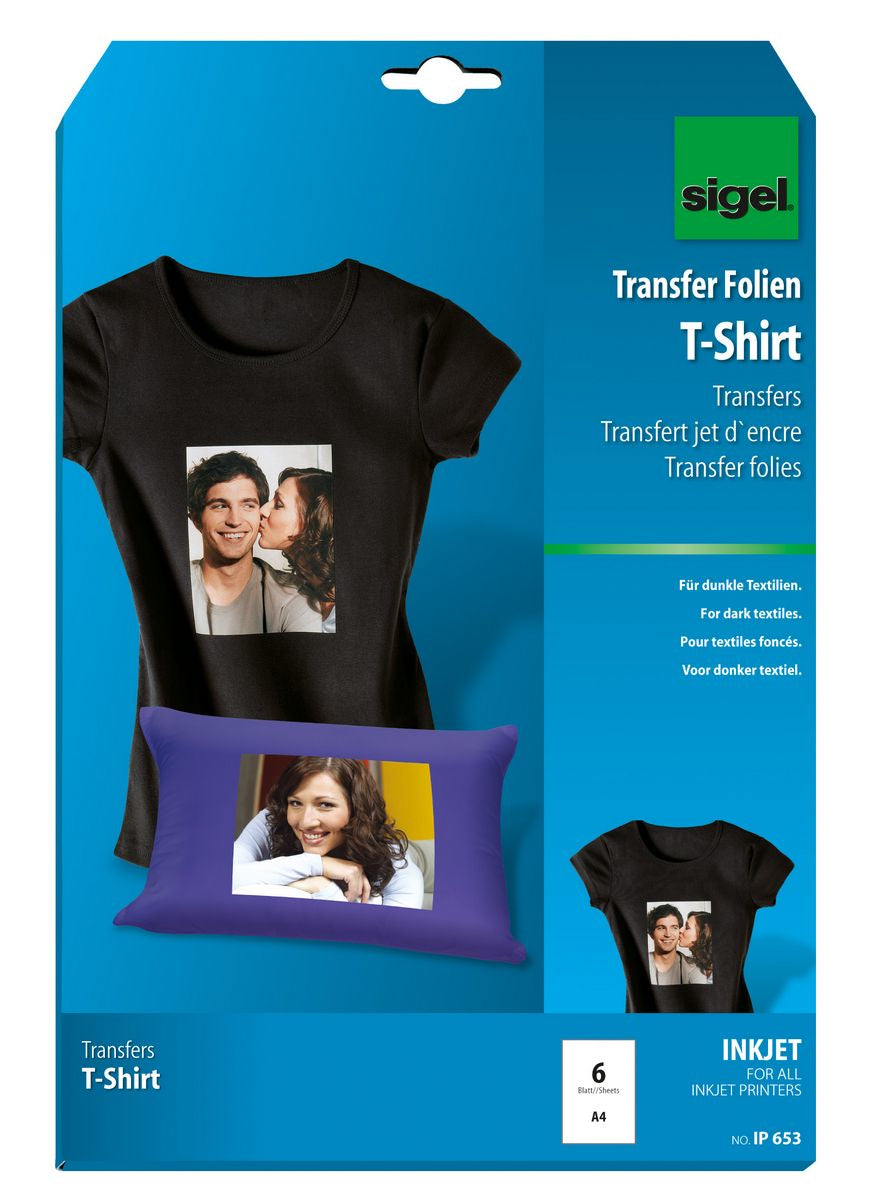 Sigel Transferpapier – für Inkjetdrucker, für dunkle Textilien, A4 (210×297 mm), bis 40 °C, 6 Blatt