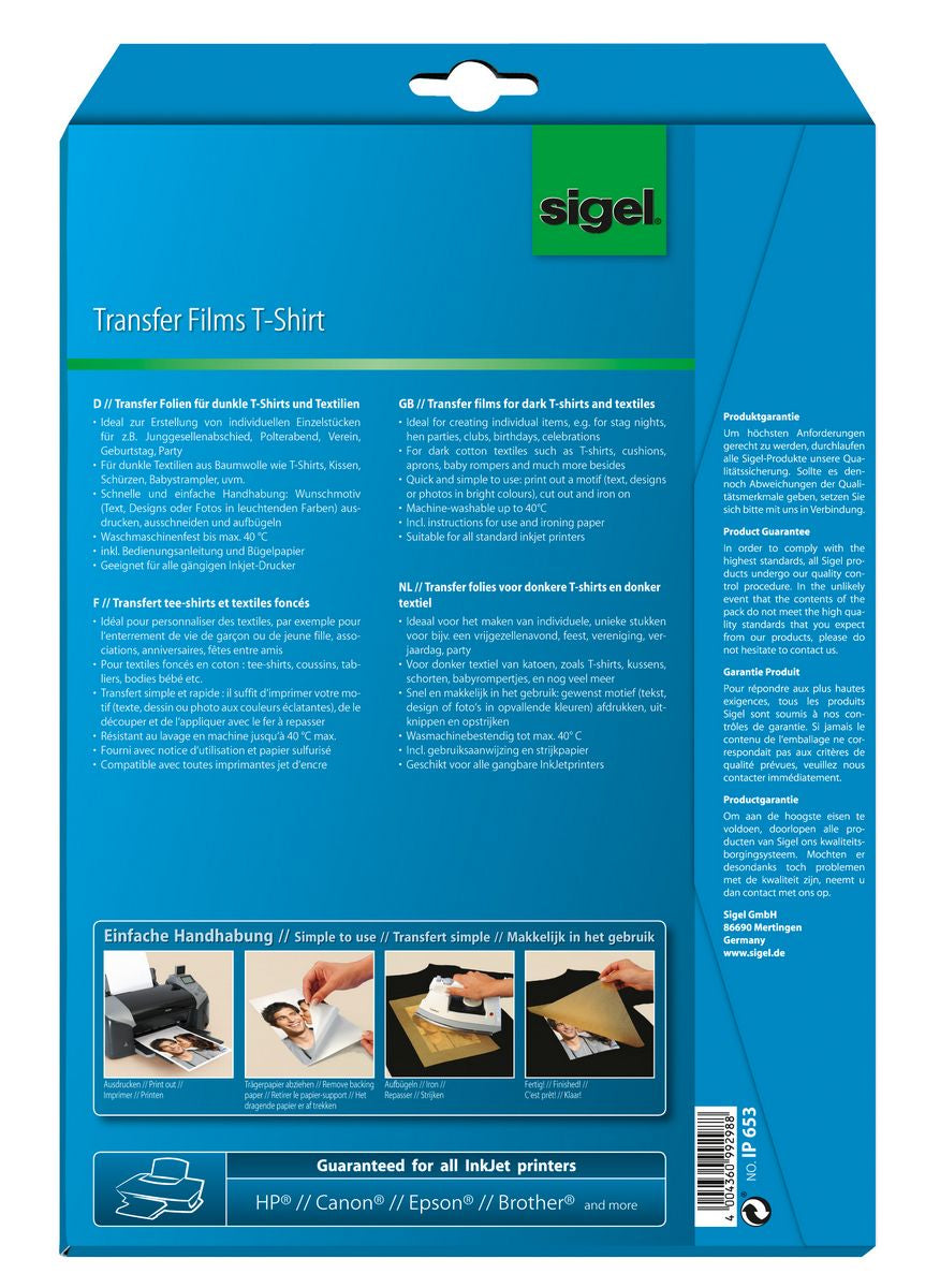 Sigel Transferpapier – für Inkjetdrucker, für dunkle Textilien, A4 (210×297 mm), bis 40 °C, 6 Blatt