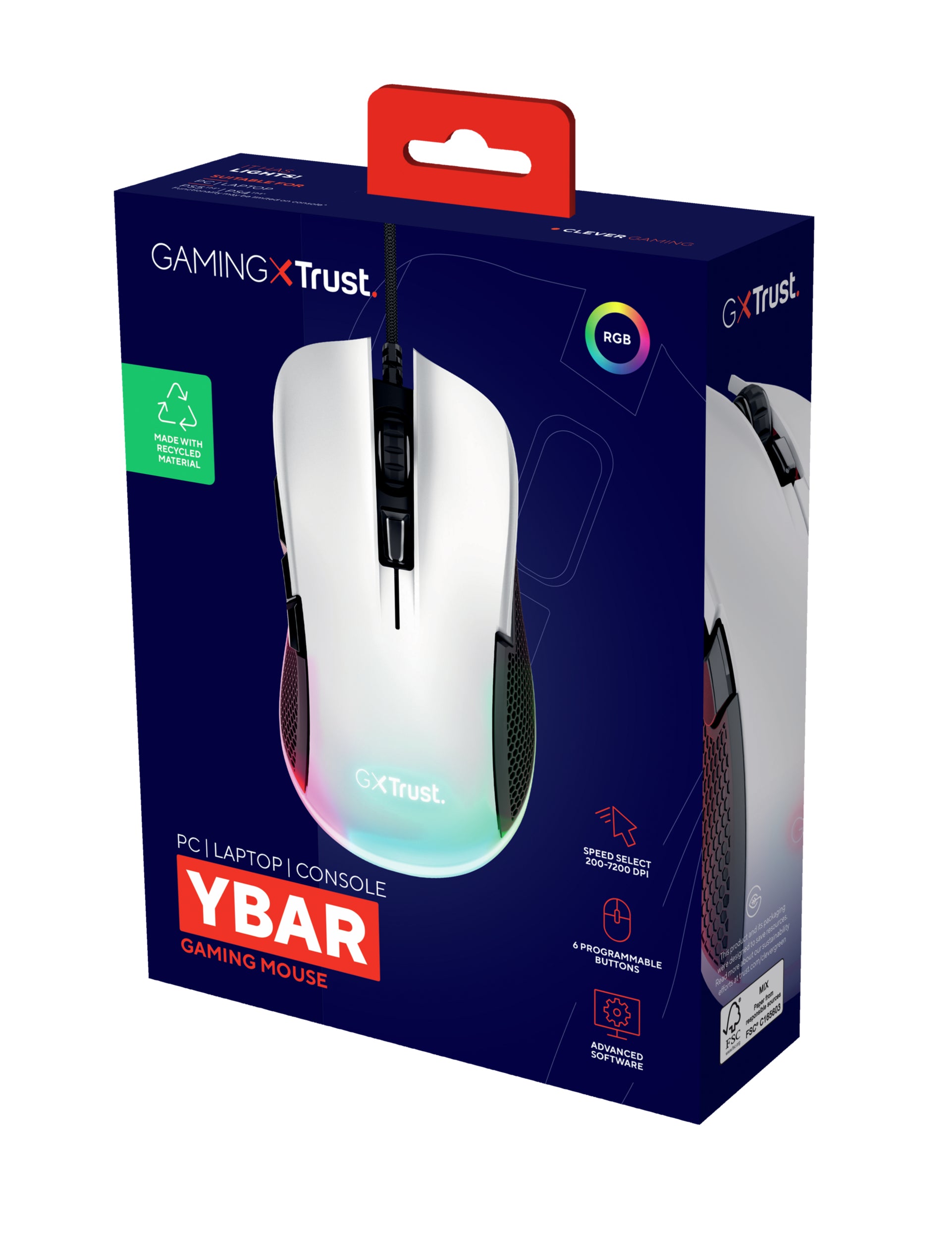 Trust GXT922W Ybar Gaming-Maus – kabelgebunden, 1'000 Hz, 6 Tasten, beidhändig, RGB-Beleuchtung, weiss
