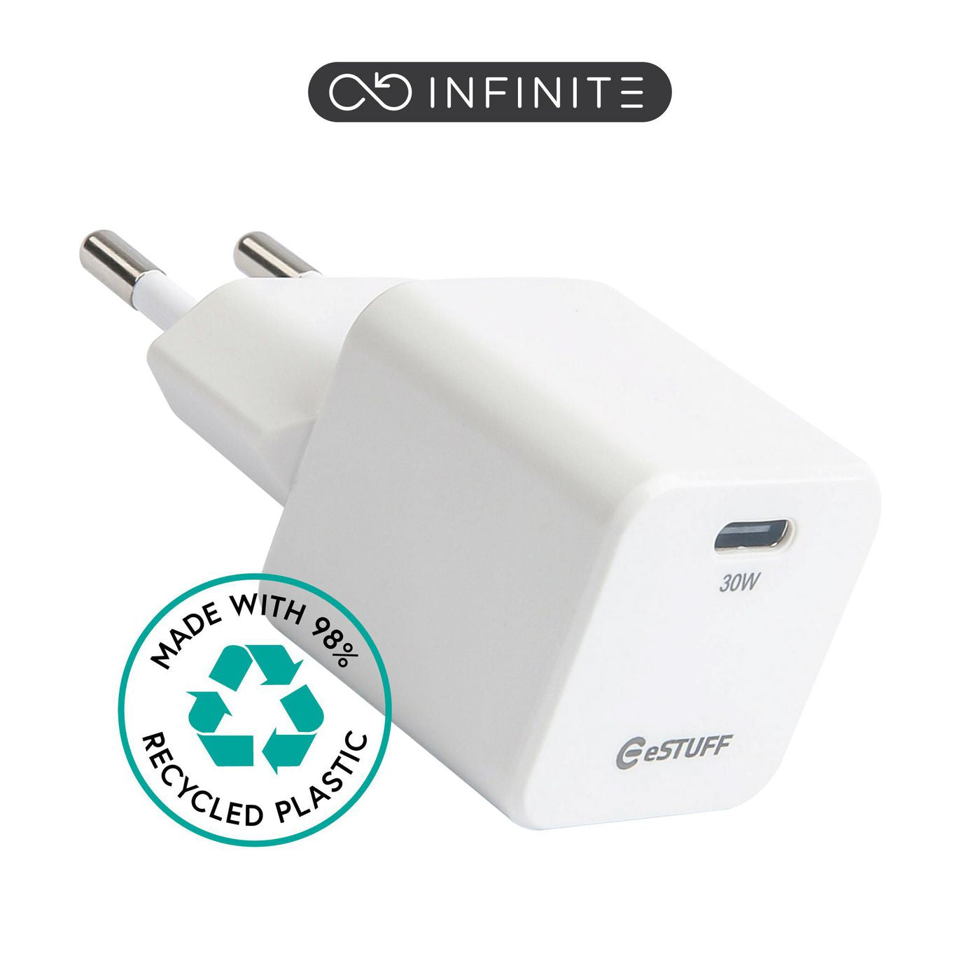 eSTUFF INFINITE (GRS) USB-Ladegerät 30 W – USB-C×1 – PD 3.0, QC 3.0, GaN – EU-Stecker (Typ C) – Weiss