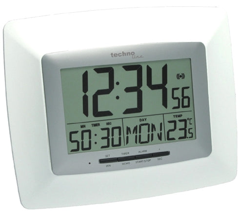 Technoline Digitalwecker – Funk, Schlummerfunktion, Thermometer, 23,5 × 19,5 × 2,7 cm, Silber/Weiss