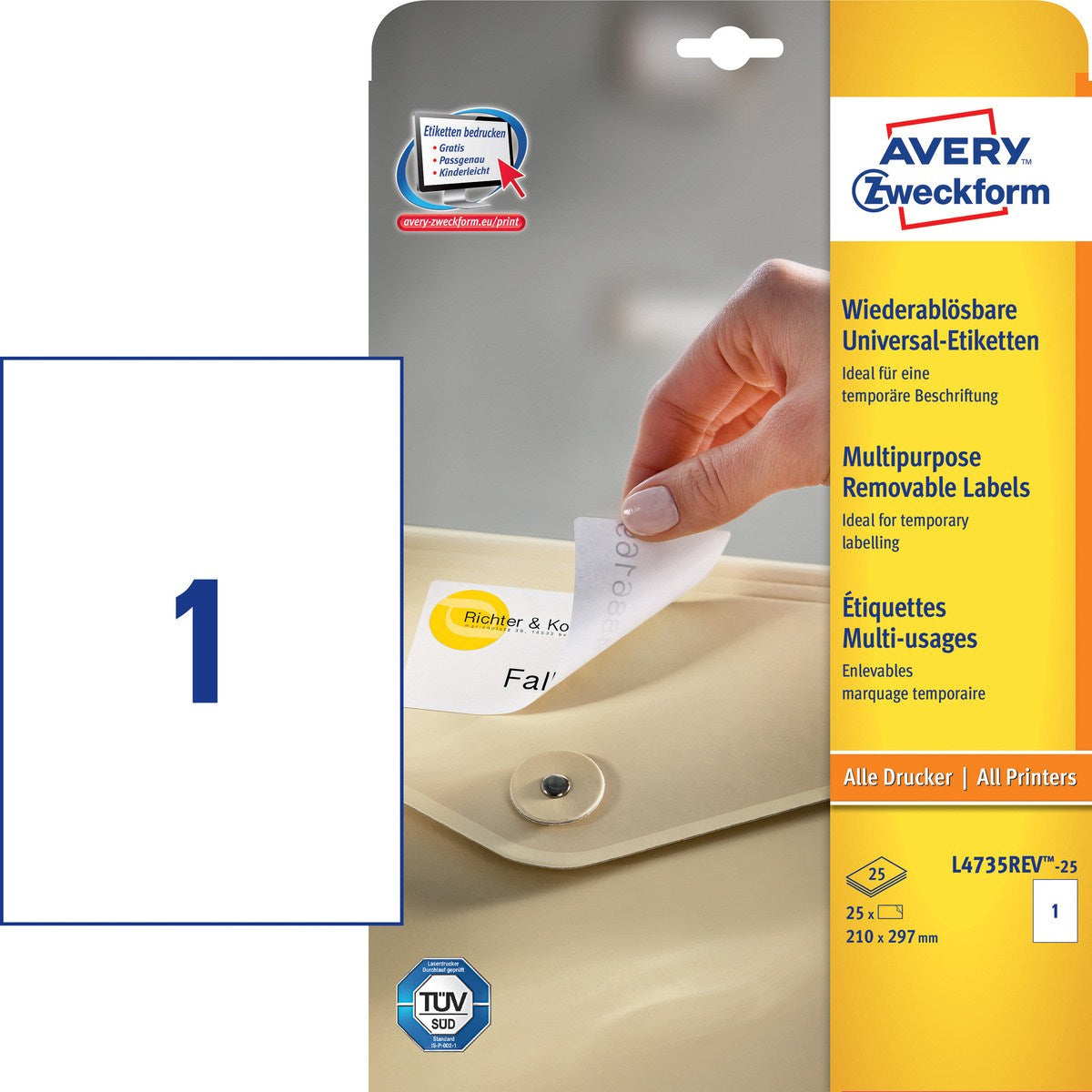 Avery Drucketiketten, 210 mm × 297 mm, weiss, Papier, wiederablösbar, Packung 30 Blatt