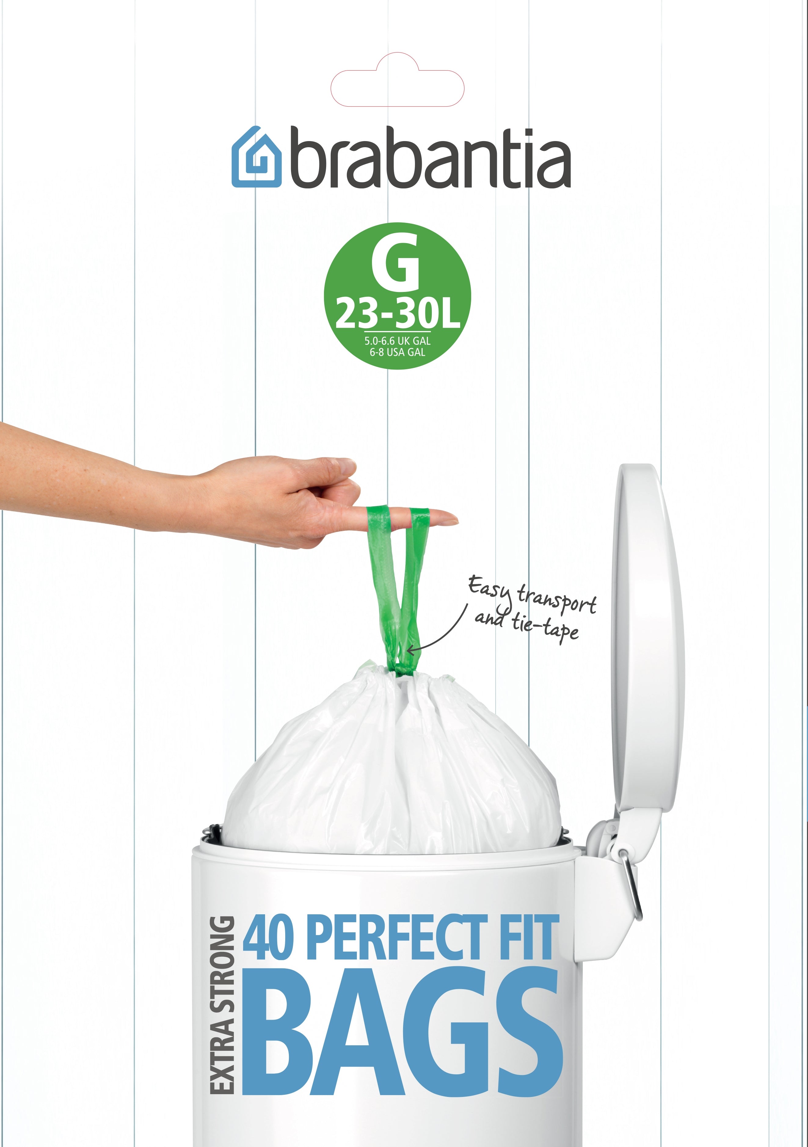 Brabantia Kehrichtsack für PerfectFit G – 30 l, mit Zugband, PE, weiss, 40 Stk