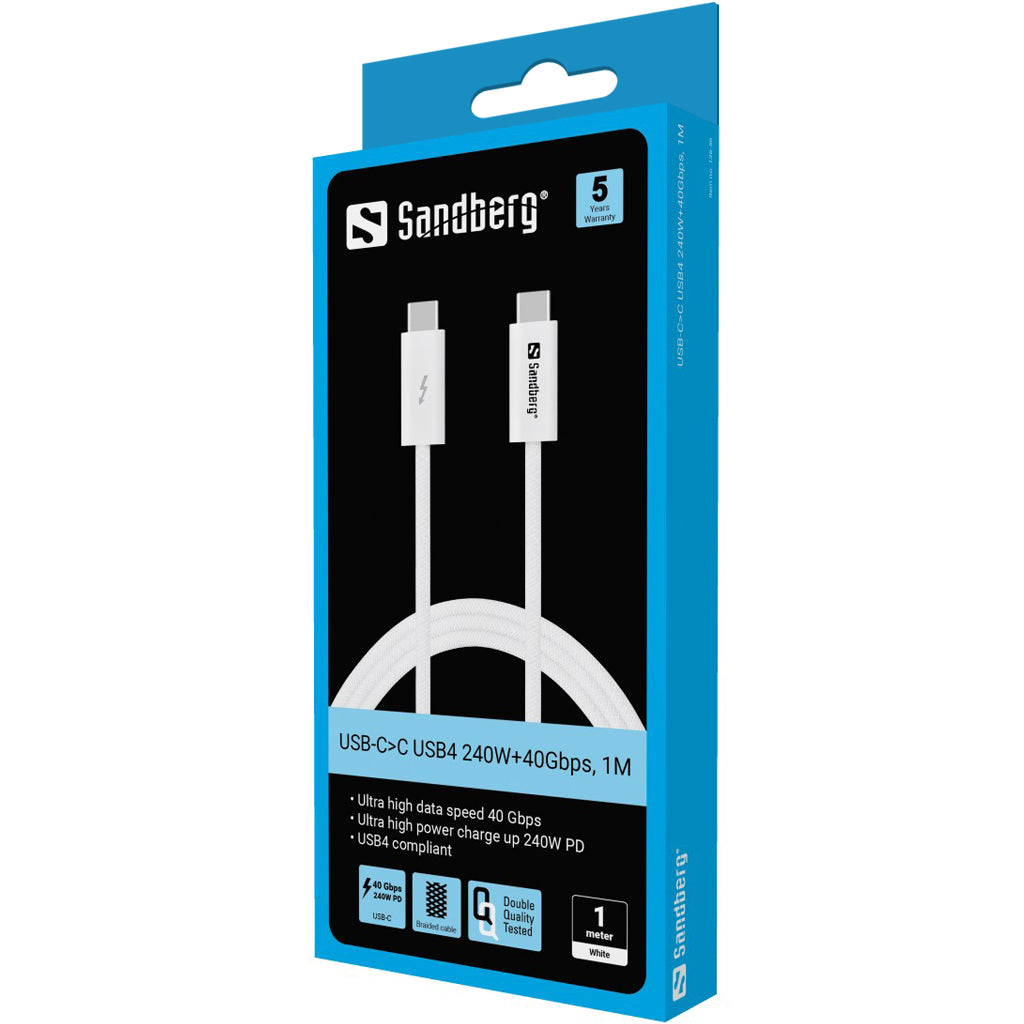 Sandberg USB-C auf USB-C Kabel – USB4 40 Gbit/s – 1 m – PD 240 W – Weiss