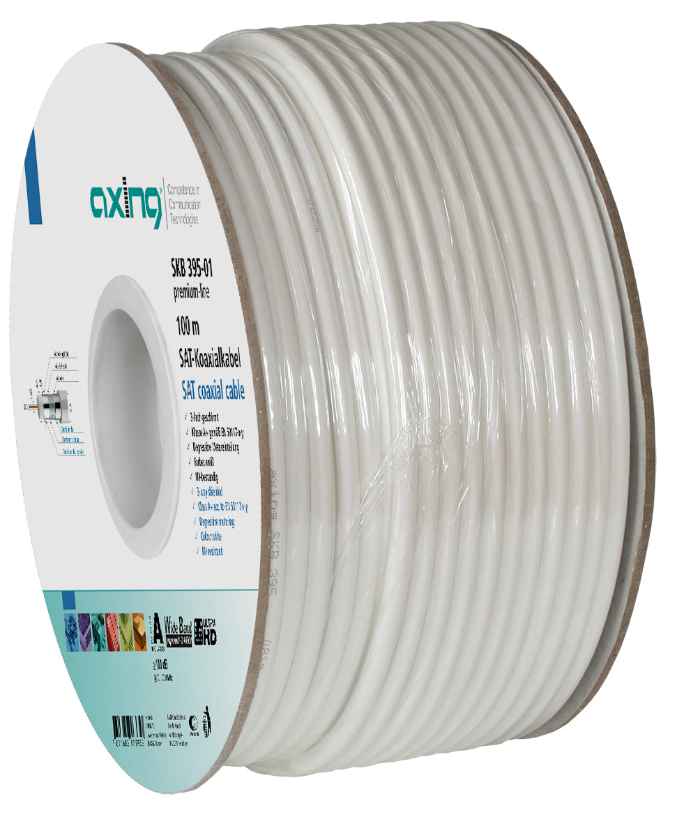 Axing SKB 395-01 – Koaxialkabel, Klasse A+, 100 m, Weiss, Ø 6,8 mm, PVC-Mantel, Brandschutzklasse Eca