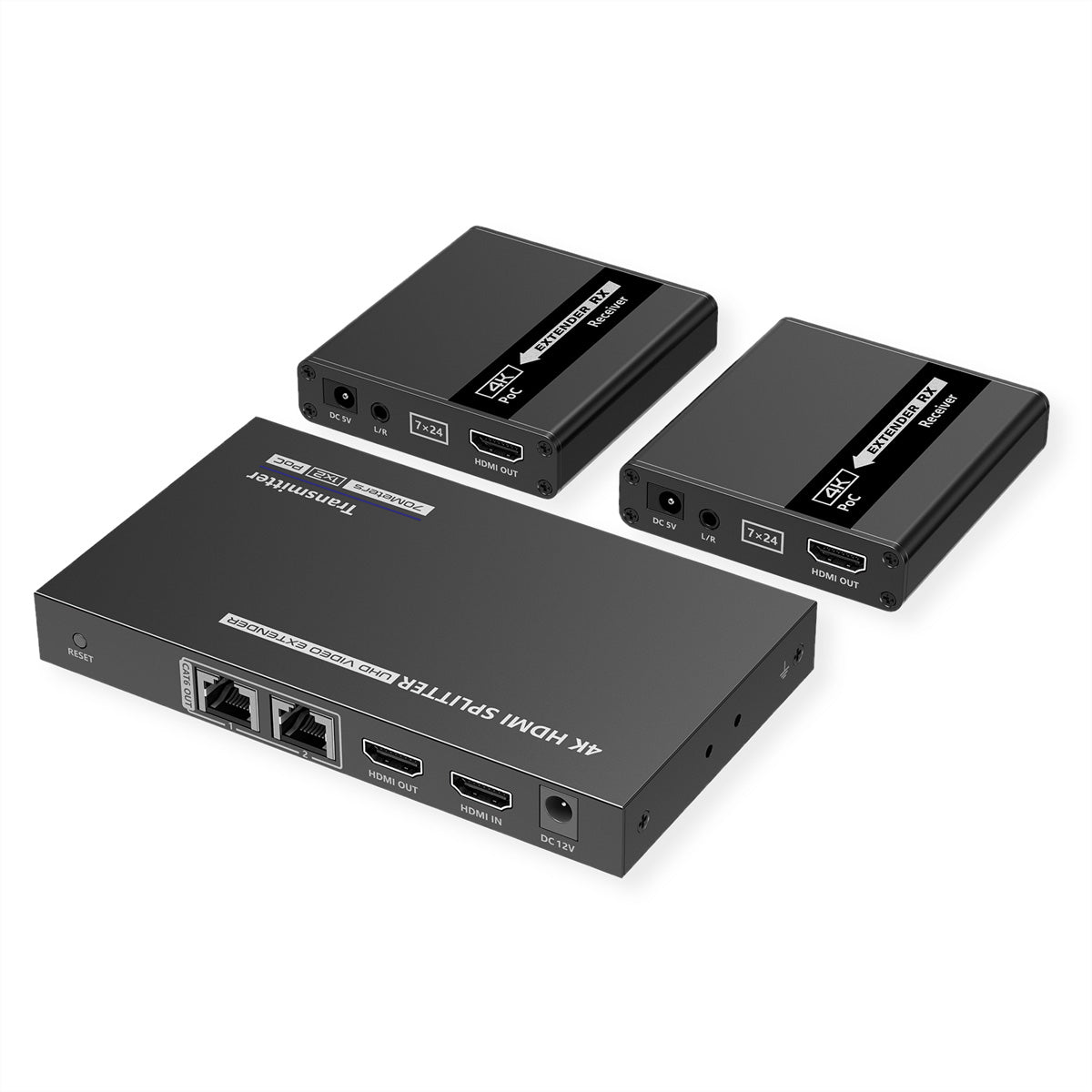 VALUE HDMI-Splitter-Set, 1× HDMI In, 3× HDMI Out, HDMI 1.4, 4K@30 Hz, bis 40 m über TP, IR, 3,5 mm Audio