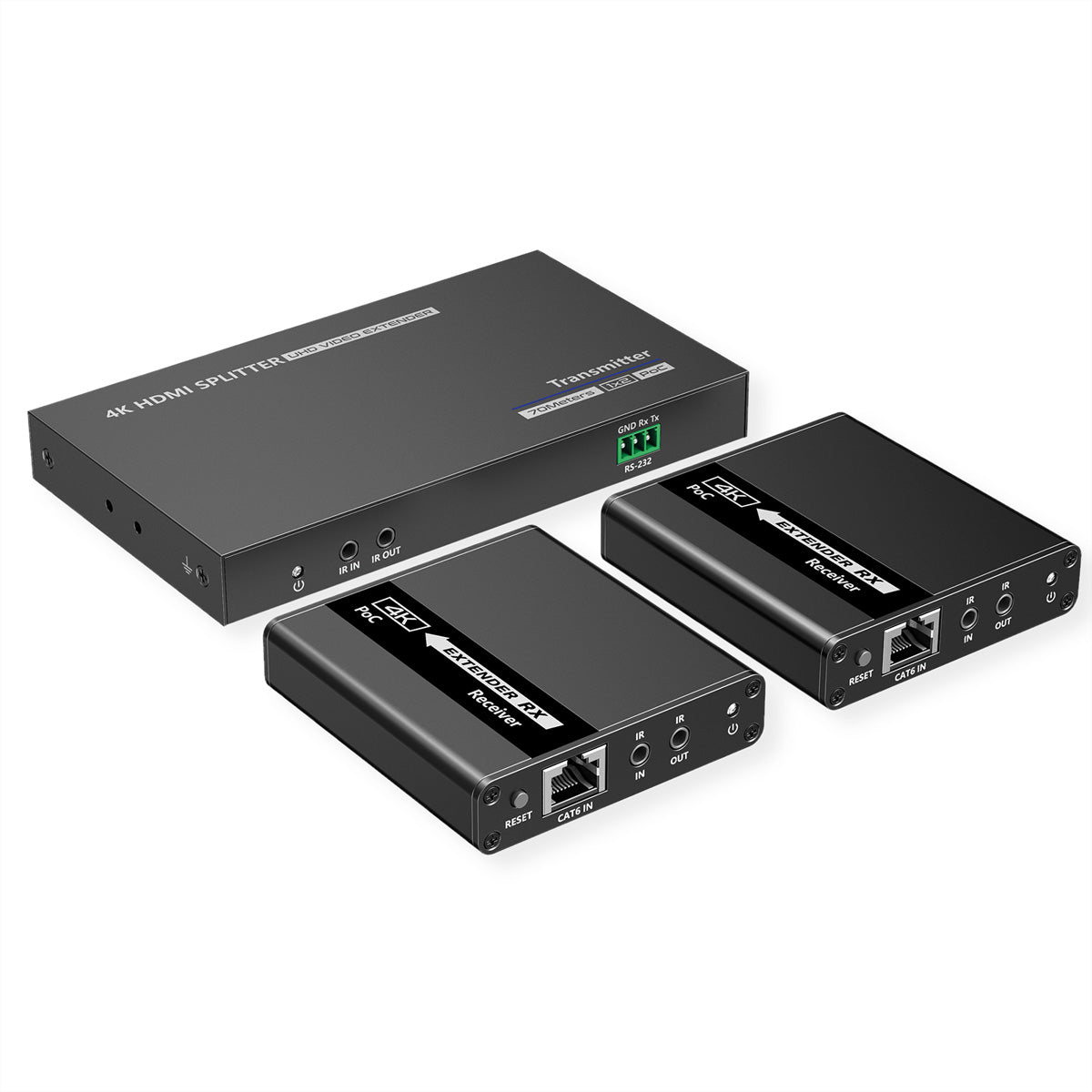 VALUE HDMI-Splitter-Set, 1× HDMI In, 3× HDMI Out, HDMI 1.4, 4K@30 Hz, bis 40 m über TP, IR, 3,5 mm Audio