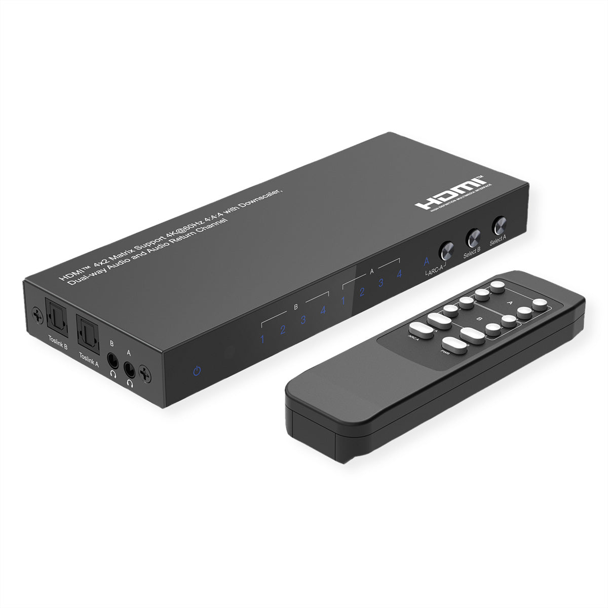 VALUE HDMI Matrix 4×2, 4K@60 Hz, HDCP 2.2, EDID, Toslink, Downscale, IR-Fernbedienung