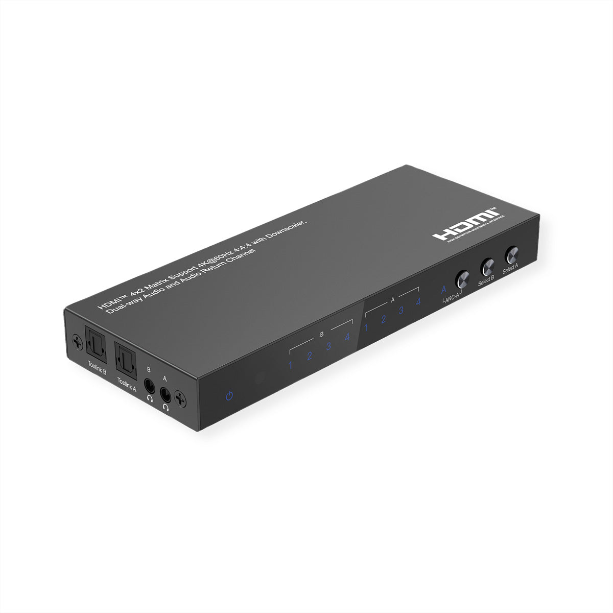 VALUE HDMI Matrix 4×2, 4K@60 Hz, HDCP 2.2, EDID, Toslink, Downscale, IR-Fernbedienung