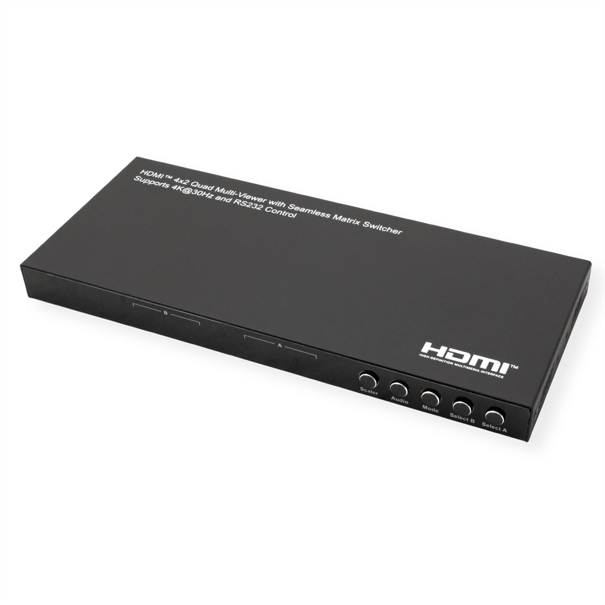 VALUE HDMI Matrix 4×2, 4K@30 Hz, Quad Multi-Viewer, HDCP 1.4, RS-232/IR, Toslink/Stereo, Schwarz