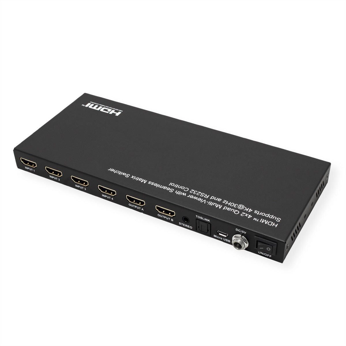 VALUE HDMI Matrix 4×2, 4K@30 Hz, Quad Multi-Viewer, HDCP 1.4, RS-232/IR, Toslink/Stereo, Schwarz