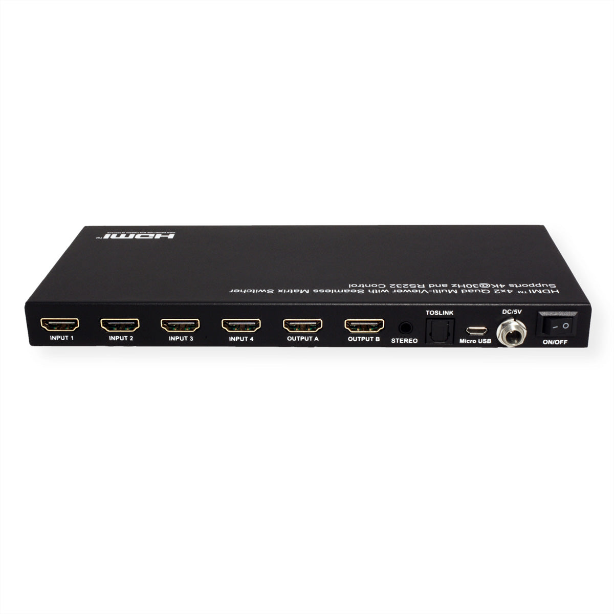 VALUE HDMI Matrix 4×2, 4K@30 Hz, Quad Multi-Viewer, HDCP 1.4, RS-232/IR, Toslink/Stereo, Schwarz