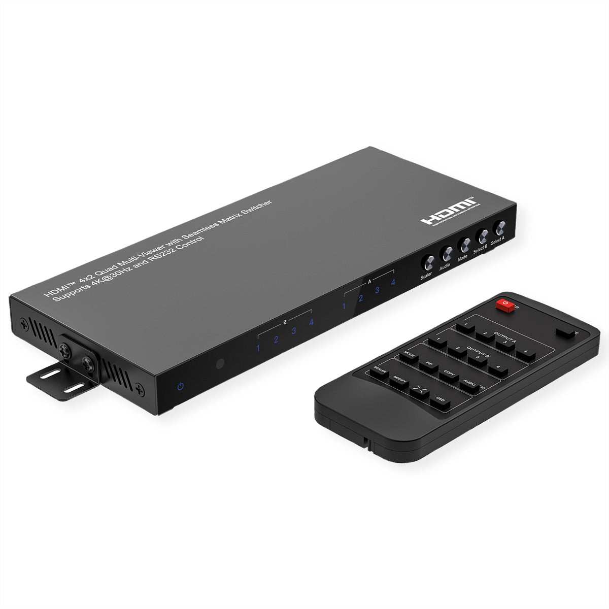 VALUE HDMI Matrix 4×2, 4K@30 Hz, Quad Multi-Viewer, HDCP 1.4, RS-232/IR, Toslink/Stereo, Schwarz