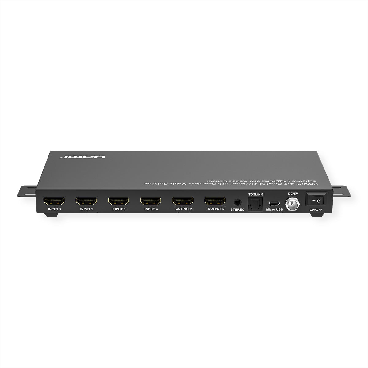 VALUE HDMI Matrix 4×2, 4K@30 Hz, Quad Multi-Viewer, HDCP 1.4, RS-232/IR, Toslink/Stereo, Schwarz