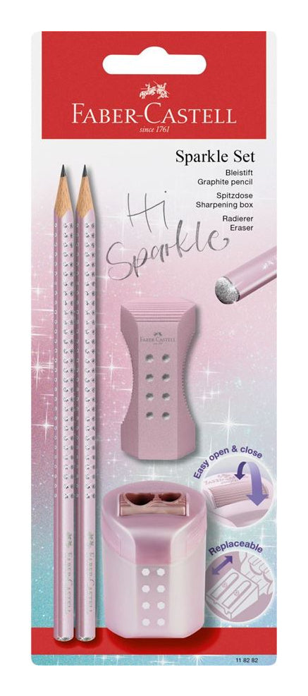 Faber-Castell Sparkle Schreibset B, dreikantig – mit Spitzer & Radierer