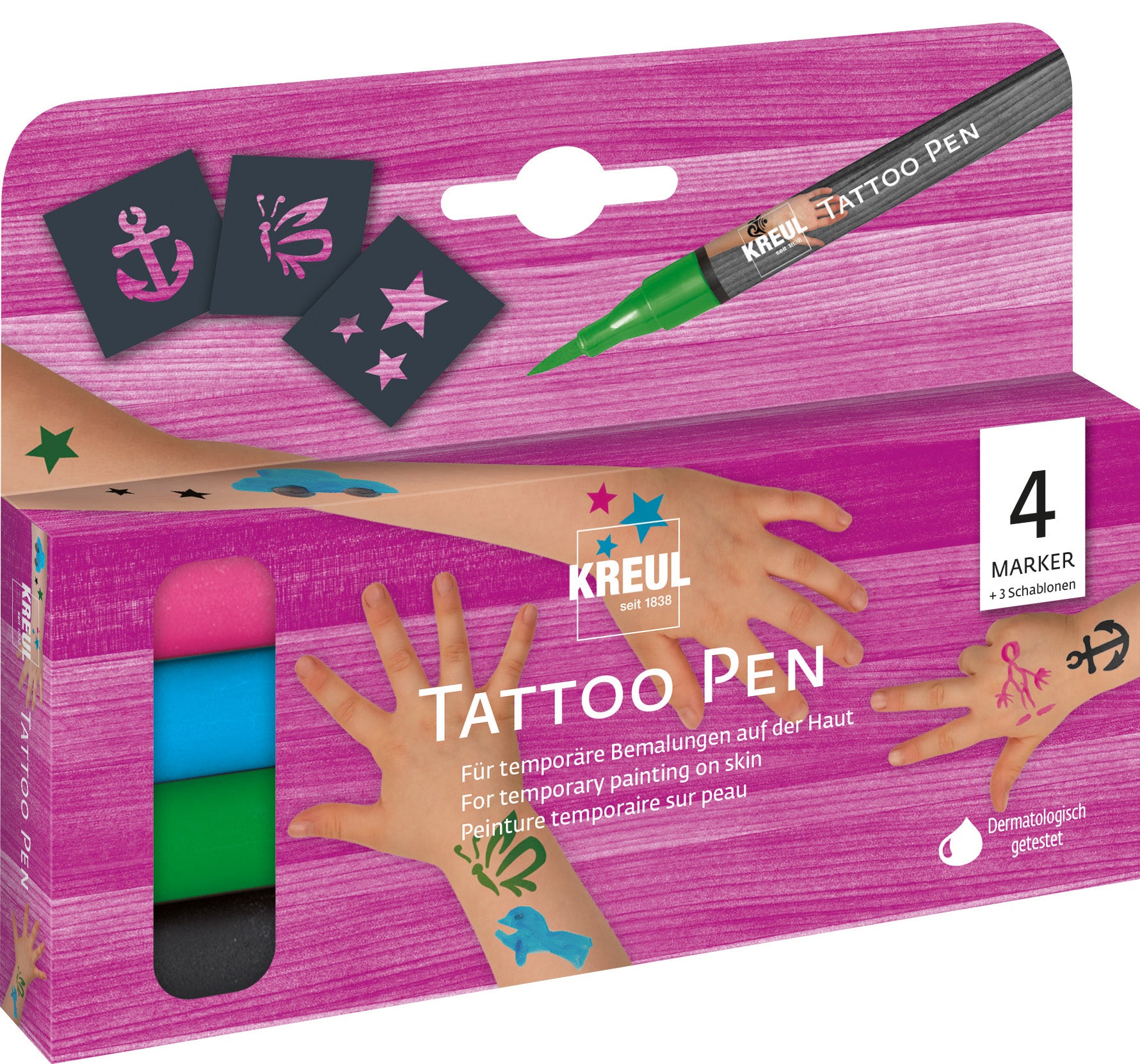 KREUL Tattoo-Marker – 4 Farben, 4er Set, auswaschbar, schnelltrocknend – für temporäre Tattoos