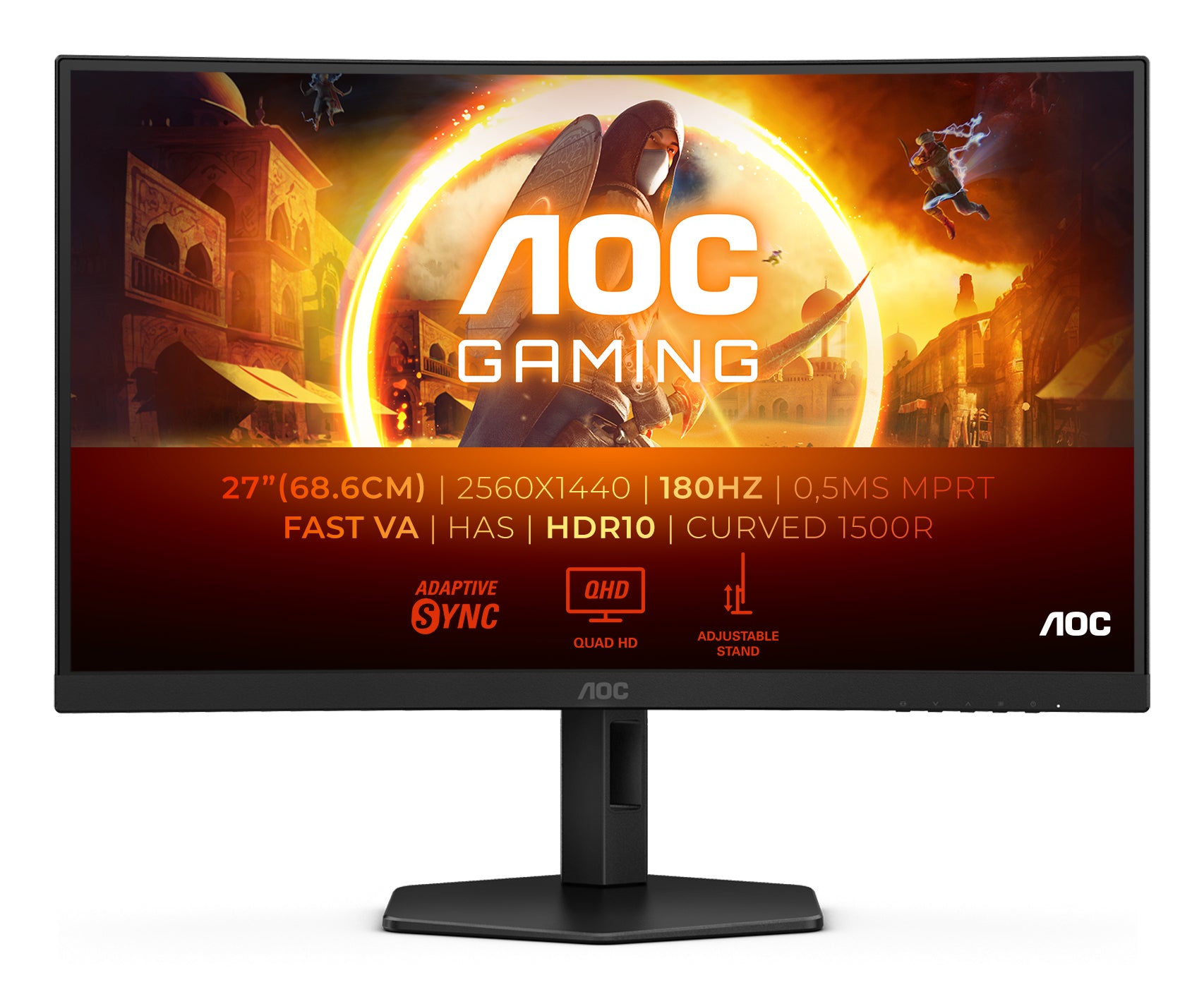 AOC CQ27G4X – Monitor, 27", VA, 180 Hz, 300 cd/m², Gebogen, Adaptive Sync, VESA 100 × 100, Schwarz