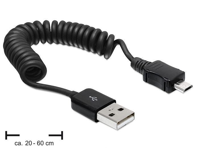 DeLOCK USB-Kabel – USB-A auf Micro-USB-B – USB 2.0 (480 Mbit/s) – 0,6 m – Spiralkabel – Schwarz