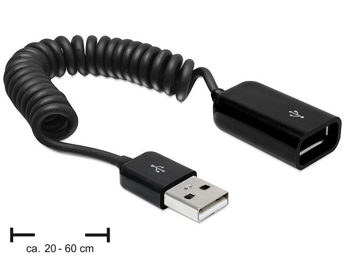 DeLOCK USB-A Verlängerungskabel (Stecker auf Buchse) – USB 2.0 (480 Mbit/s) – 0,6 m – Spiralkabel – Schwarz