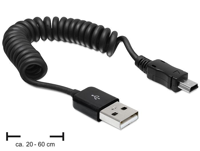 DeLOCK USB-A auf Mini-USB-B Kabel – USB 2.0 (480 Mbit/s) – 0,6 m – Spiralkabel – Schwarz