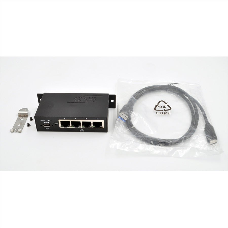 EXSYS EX-1330M USB 3.2 Gen 1 zu Gigabit-Ethernet Adapter – 4× 1G RJ-45, DIN-Schiene, Metallgehäuse