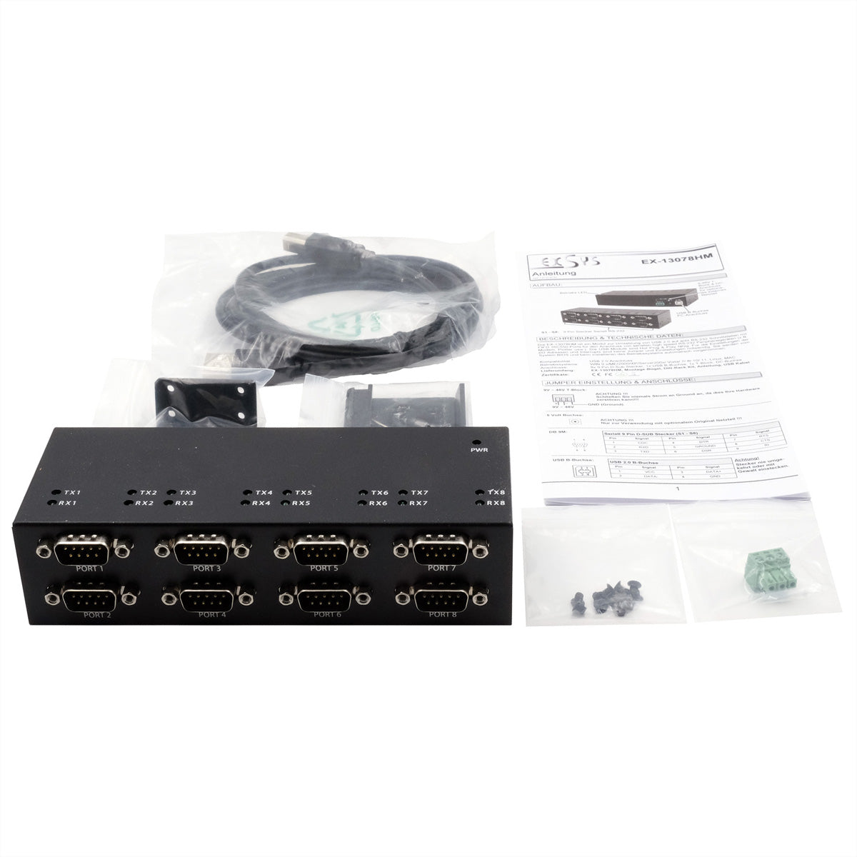 EXSYS EX-13078HM USB-B zu 8× RS-232 Adapter – Metallgehäuse, DIN-Schiene/Wandmontage