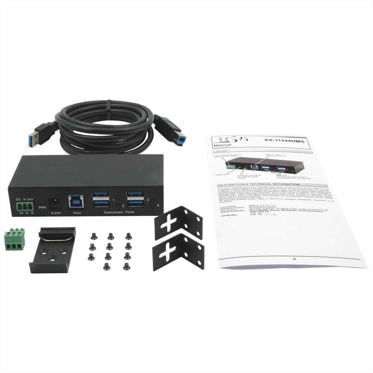 EXSYS EX-11244HMS USB-Hub – USB 3.2 Gen 1, 4× USB-A, für Windows/Mac/Linux
