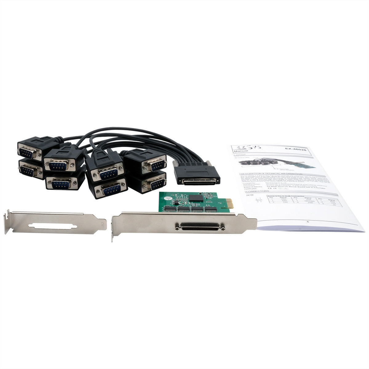 EXSYS EX-46028 Serielle PCIe-Karte – 8× 9-Pin RS-232, 16C550 UART, bis 921,6 kBaud – für Windows & Linux
