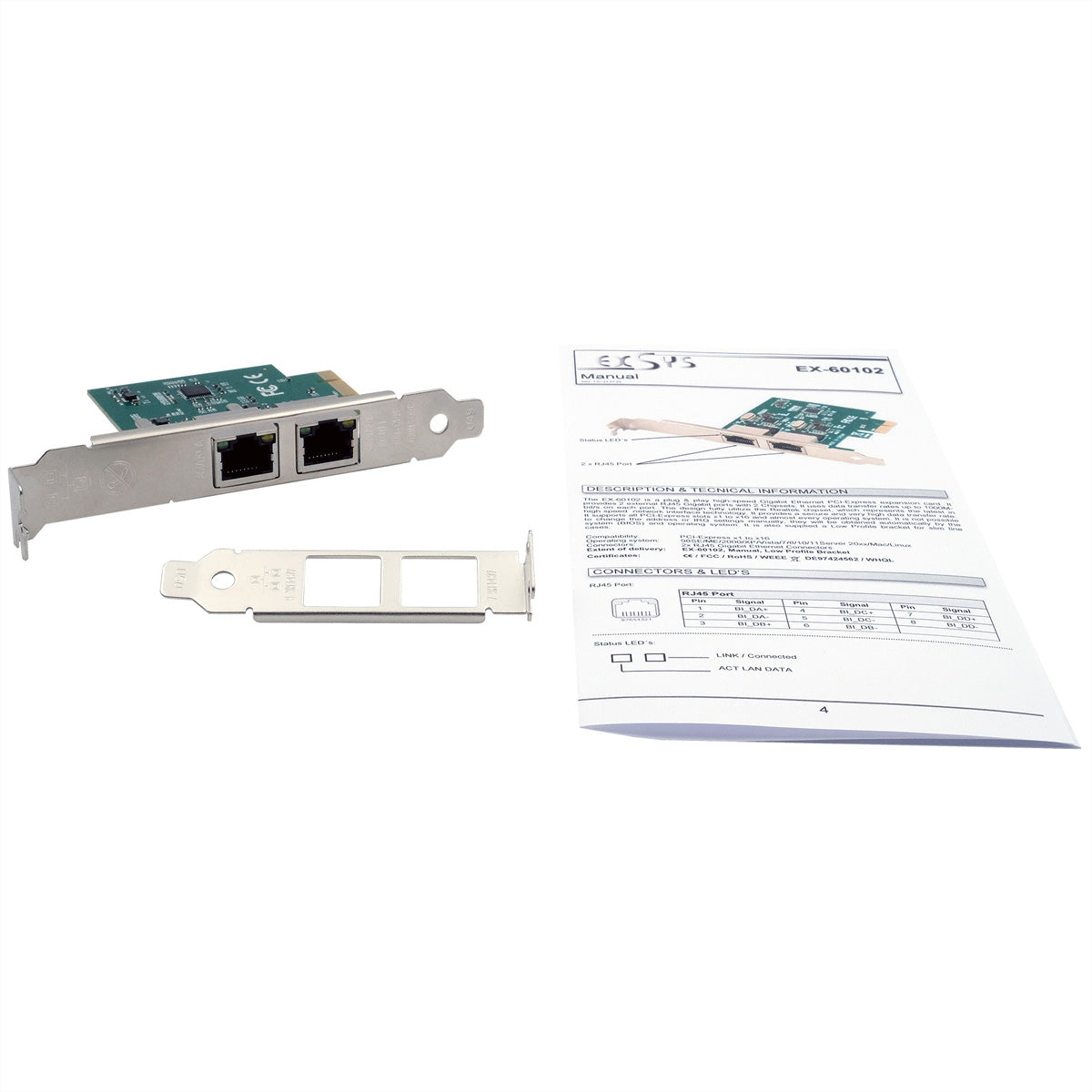 EXSYS EX-60102 PCIe Gigabit-Netzwerkkarte – 2× RJ-45, 1 Gbit/s, Low Profile, Realtek RTL8111F – für PC