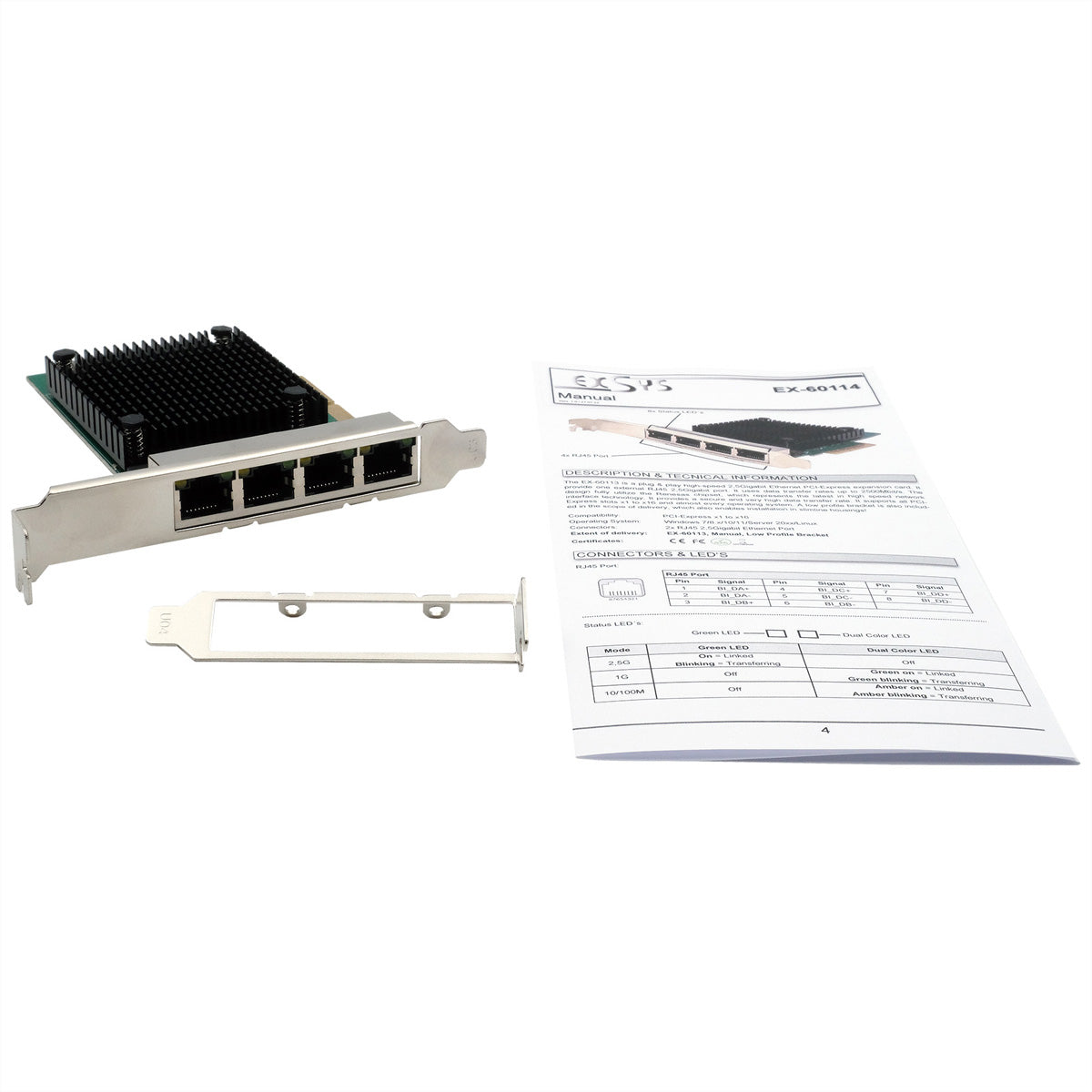 EXSYS EX-60114 – PCIe Netzwerkkarte – 4×RJ45 2,5G, PCIe x1