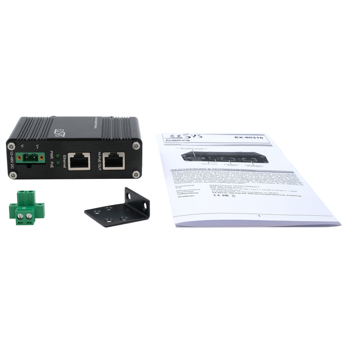 EXSYS EX-60310 PoE-Injektor – 60 W (IEEE 802.3af/at/bt), Gigabit, 2× RJ-45