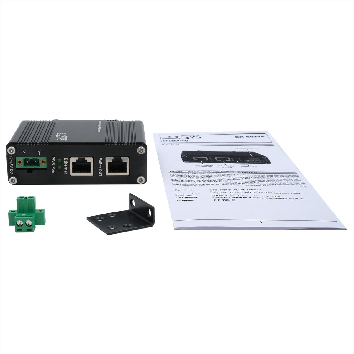 EXSYS EX-60315 PoE Midspan – 90 W IEEE 802.3bt, PoE++, Gigabit, 1× In / 1× Out RJ-45, IP40