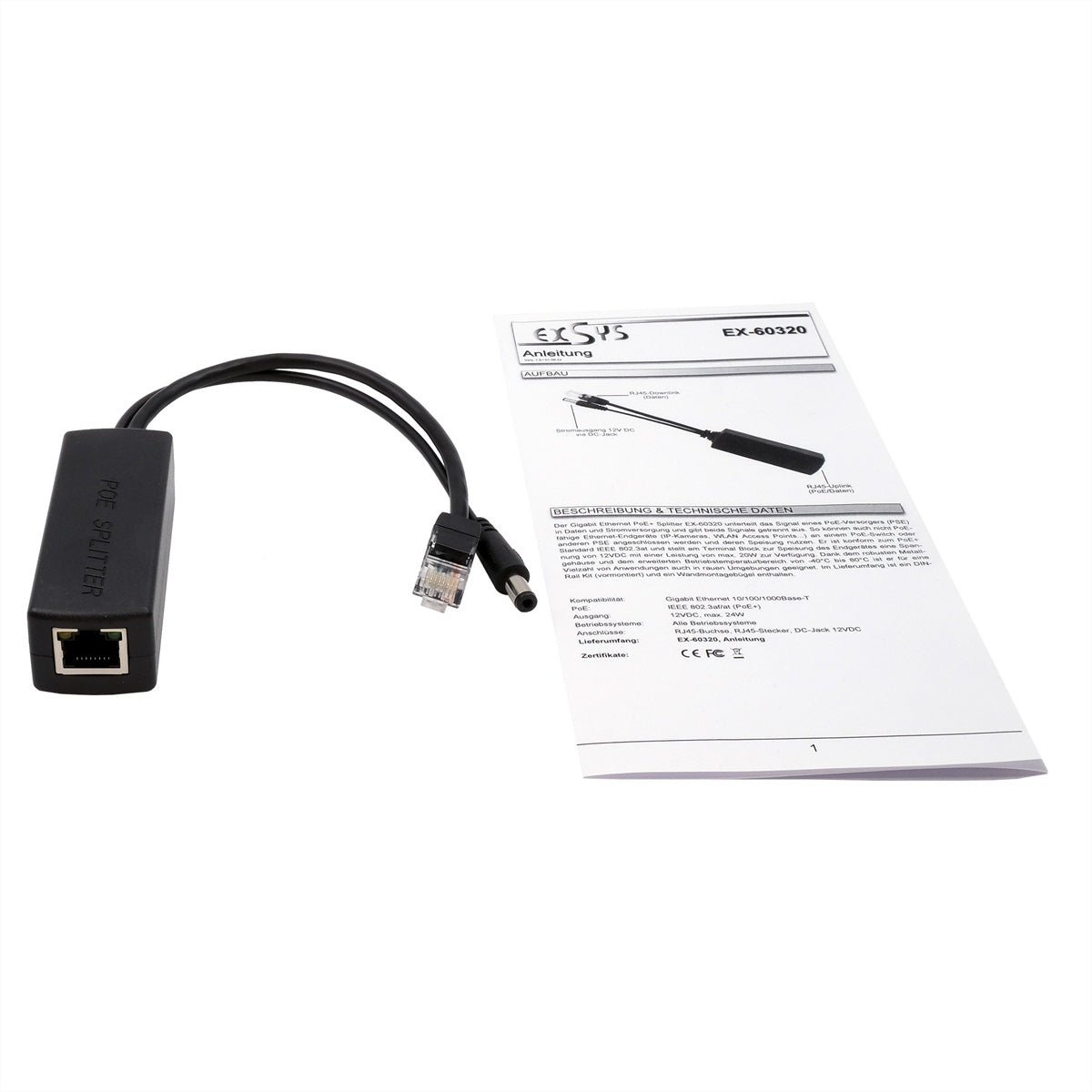 EXSYS EX-60320 PoE-Splitter – 10/100, IEEE 802.3af (PoE), 21 W, 1× RJ-45
