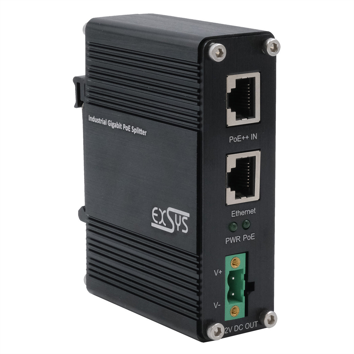 EXSYS EX-60326 PoE-Splitter – Gigabit, PoE++ 12 VDC/36 W, 1× RJ-45, Hutschiene – für IP-Kameras/WLAN-AP