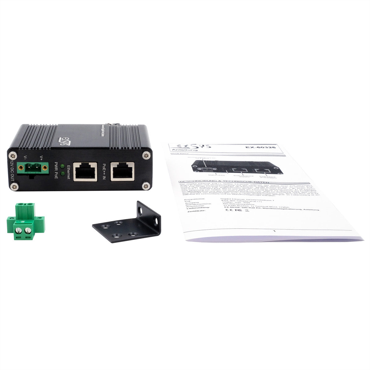 EXSYS EX-60326 PoE-Splitter – Gigabit, PoE++ 12 VDC/36 W, 1× RJ-45, Hutschiene – für IP-Kameras/WLAN-AP