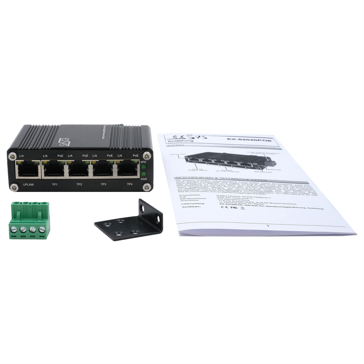 EXSYS EX-62020PoE – Unmanaged Switch – 5× 1G, 4× PoE-Ports (bis 30 W/Port), DIN-Schiene, IP40