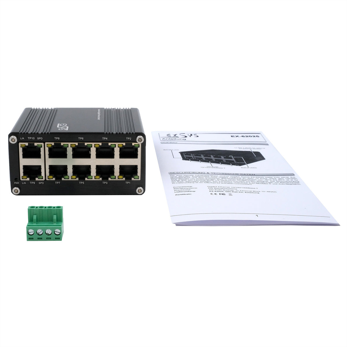 EXSYS EX-62025 – Unmanaged Switch – 10× 1G, Hutschiene, IP40