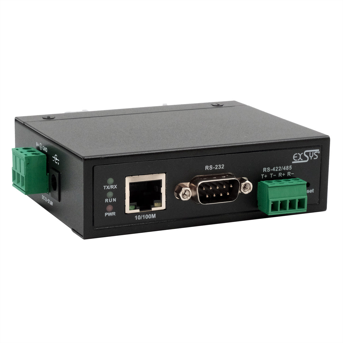 EXSYS EX-61001 RS-232 zu Ethernet Gateway – 1× RS-232/422/485, 10/100/1000 Mbit/s – Metall, DIN-Schiene