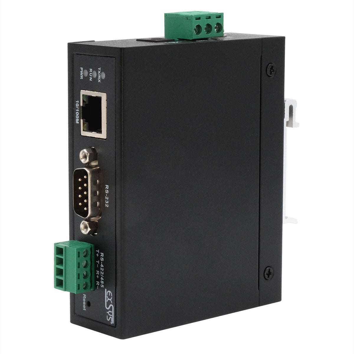 EXSYS EX-61001 RS-232 zu Ethernet Gateway – 1× RS-232/422/485, 10/100/1000 Mbit/s – Metall, DIN-Schiene