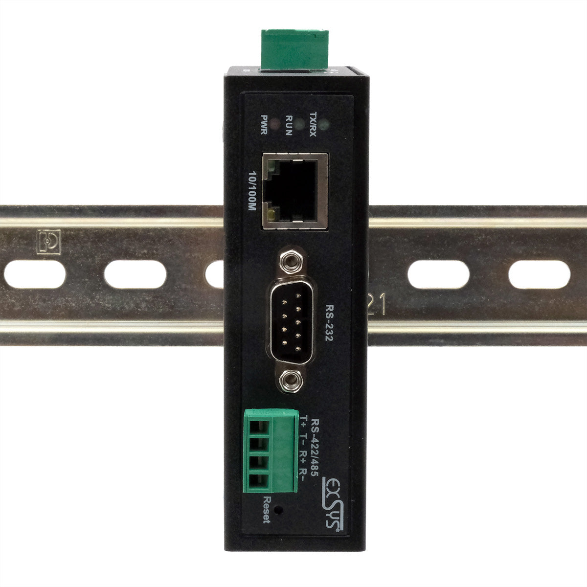 EXSYS EX-61001 RS-232 zu Ethernet Gateway – 1× RS-232/422/485, 10/100/1000 Mbit/s – Metall, DIN-Schiene