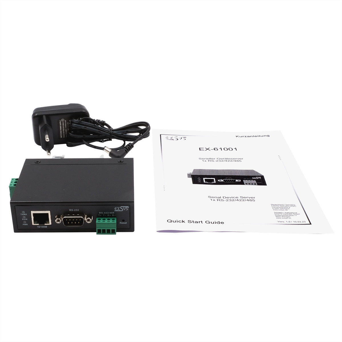 EXSYS EX-61001 RS-232 zu Ethernet Gateway – 1× RS-232/422/485, 10/100/1000 Mbit/s – Metall, DIN-Schiene