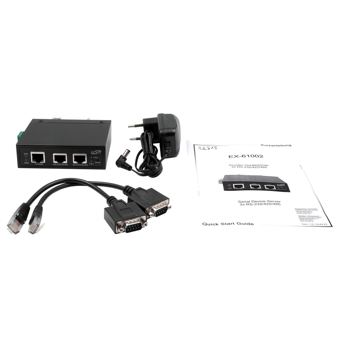 EXSYS EX-61002 Serieller Geräteserver RS-232/422/485 zu Ethernet – 2 Ports, Metallgehäuse, 12 V Netzteil