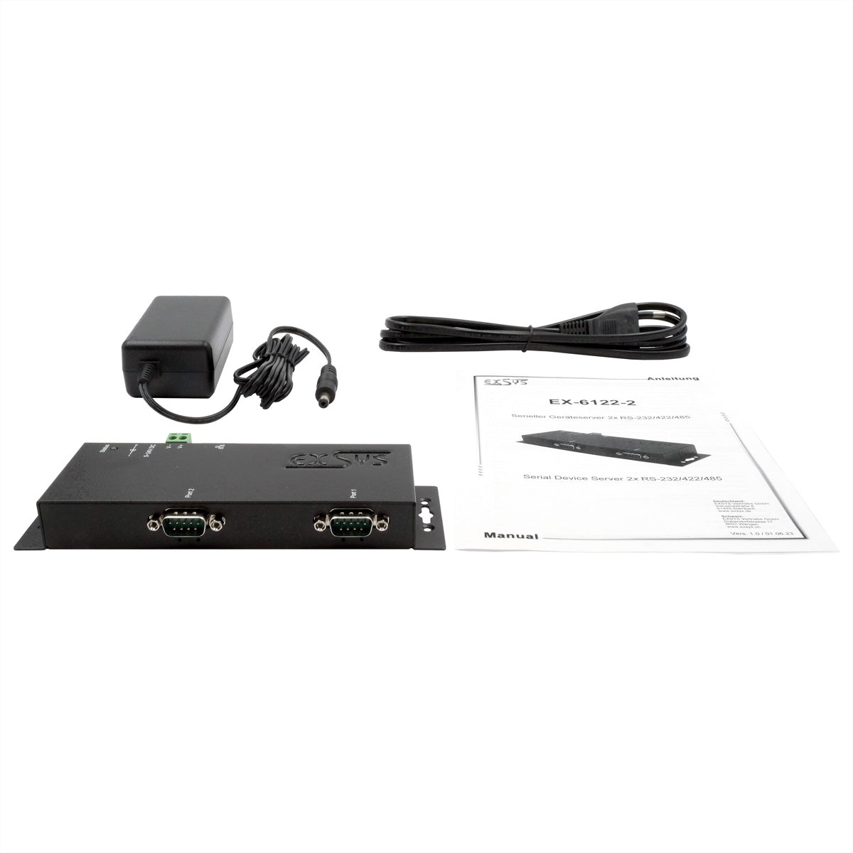 EXSYS EX-6122-2 RS-232 zu Ethernet Device-Server – 2× RS-232 (9-pol), VCOM, Modbus RTU – für serielle Geräte