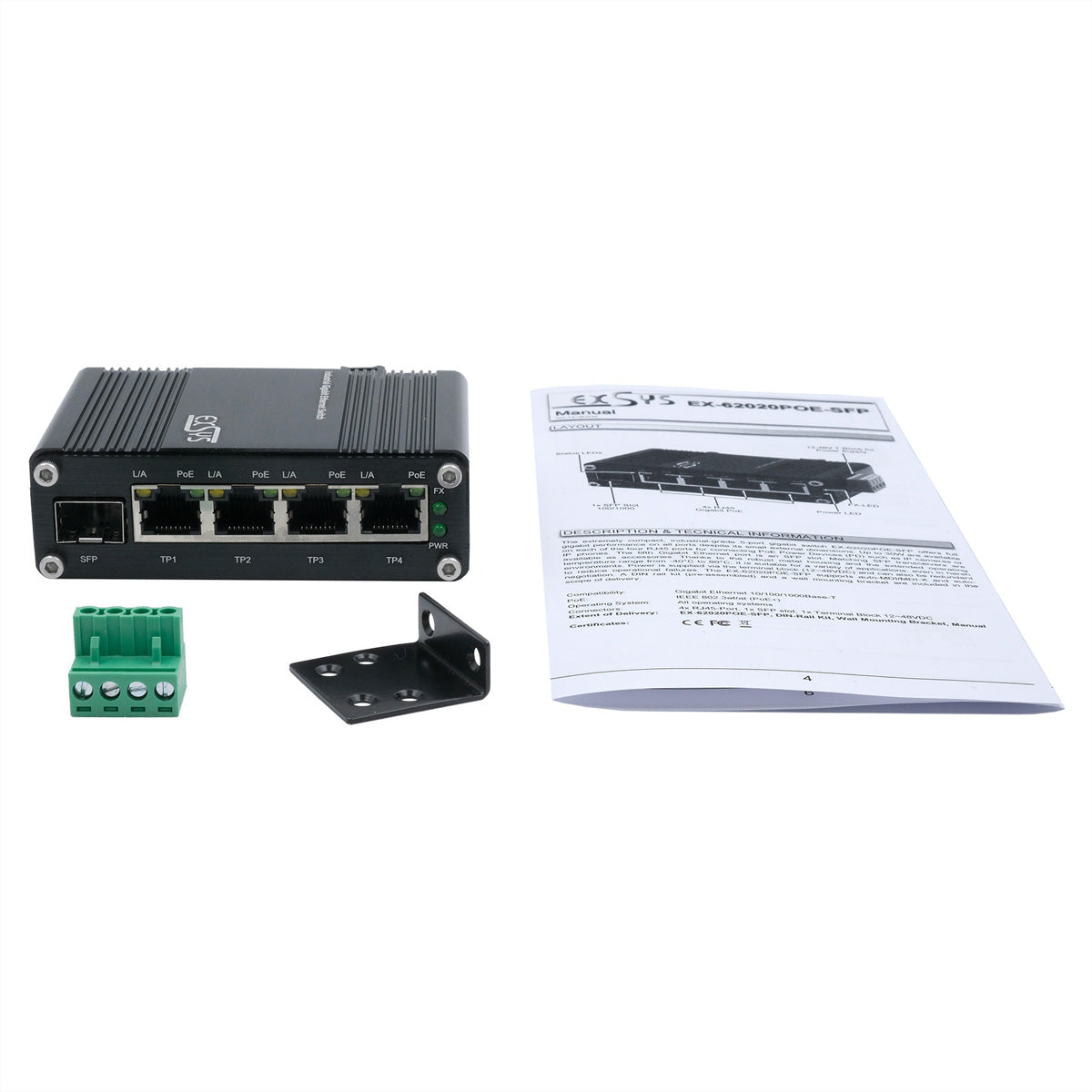 EXSYS EX-62020PoE-SFP – Managed Switch – 4×GbE, 1×SFP, PoE+