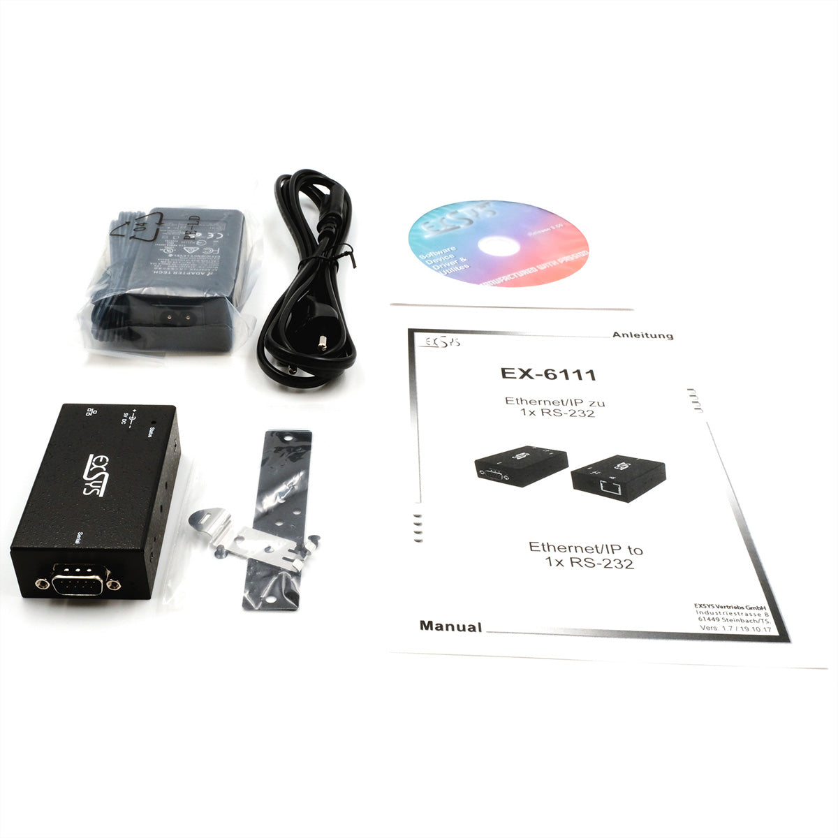 EXSYS EX-6111-2 RS-232 zu Ethernet Gateway – 1× RS-232 (DE-9) zu RJ-45, VCOM (RFC2217) – für serielle Geräte
