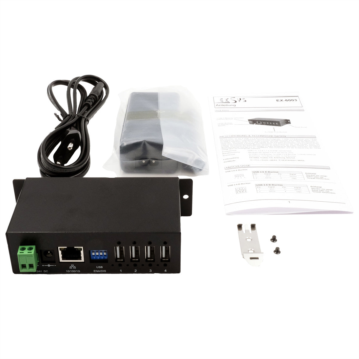 EXSYS EX-6003HMVS USB-Geräte-Server USB zu RJ-45 – 4× USB 2.0 Typ-A, 480 Mbit/s, DIN-Schiene, für Windows 7–11