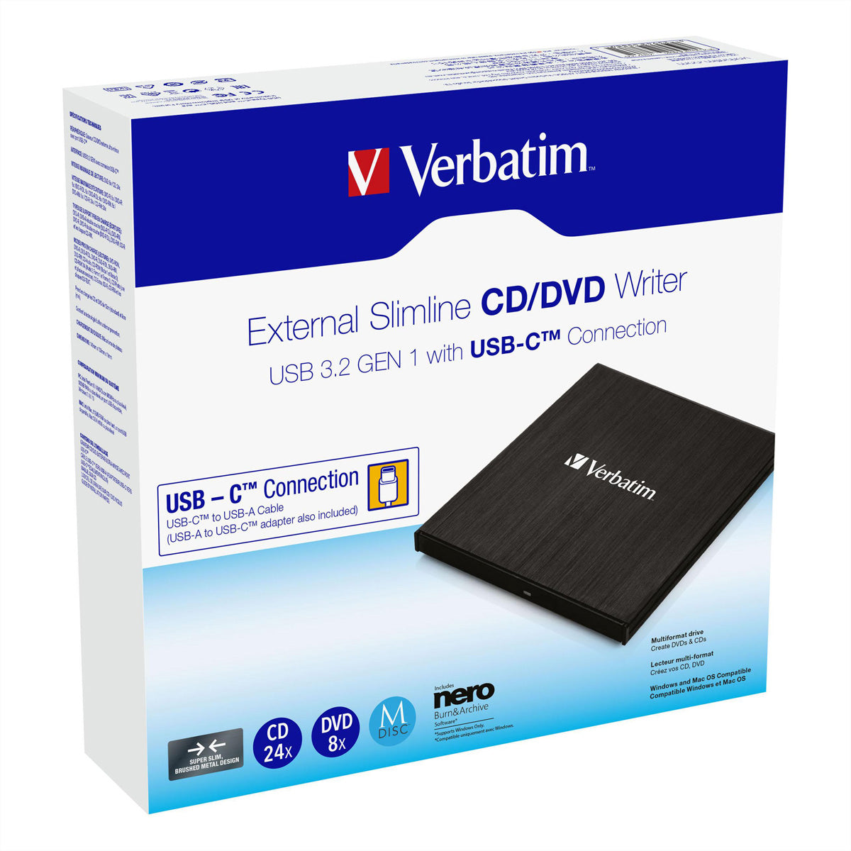 Verbatim Externes CD/DVD-Brenner, USB-C 3.2 Gen 1, 1,5 Gbit/s